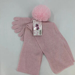 OMG! Girl's Sparkle Squinted Pom‎ Pom Beanie Scarf and Glove Set One Size NWT